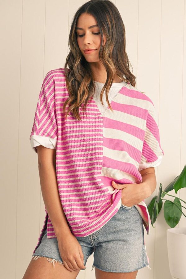 T Shirts | Pink Stripe Waffle Patchwork Short Sleeve High Low Loose T Shirt - Women - Image 2