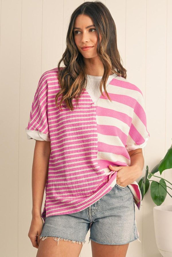 T Shirts | Pink Stripe Waffle Patchwork Short Sleeve High Low Loose T Shirt - Women - Image 3