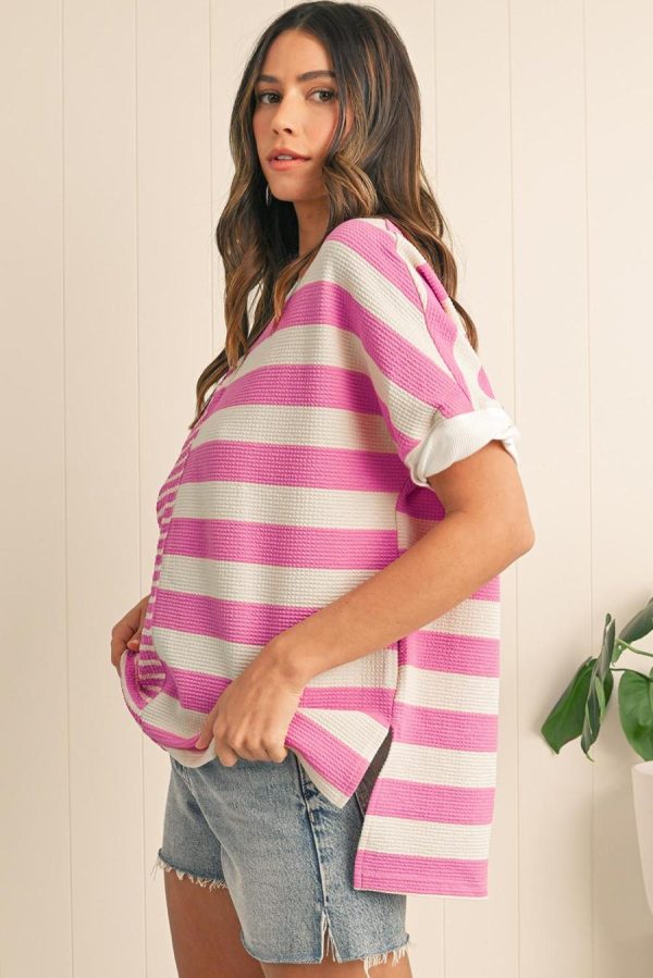 T Shirts | Pink Stripe Waffle Patchwork Short Sleeve High Low Loose T Shirt - Women - Image 4
