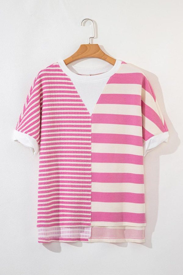 T Shirts | Pink Stripe Waffle Patchwork Short Sleeve High Low Loose T Shirt - Women - Image 7