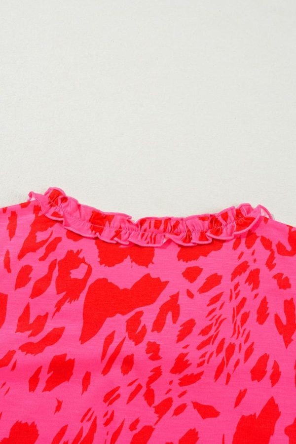 T Shirts | Rose Leopard Frilly V Neck Short Sleeve Loose Tee - Women