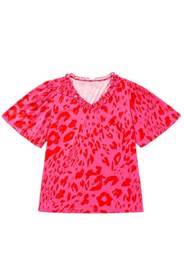 T Shirts | Rose Leopard Frilly V Neck Short Sleeve Loose Tee - Women - Image 5