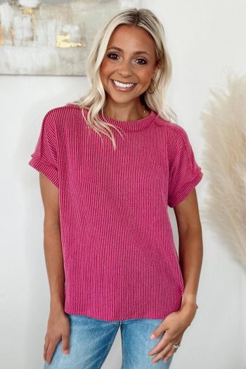 T Shirts | Rose Red Crinkle Rib Textured Knit Round Neck T Shirt - Women