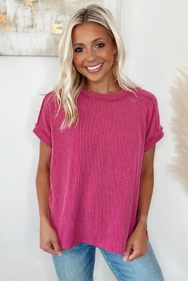 T Shirts | Rose Red Crinkle Rib Textured Knit Round Neck T Shirt - Women - Image 2