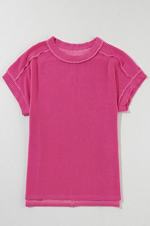T Shirts | Rose Red Crinkle Rib Textured Knit Round Neck T Shirt - Women - Image 3
