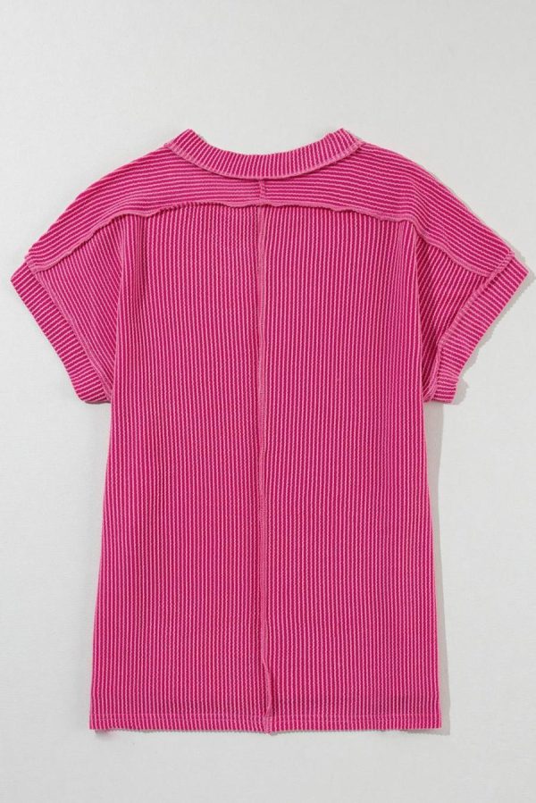T Shirts | Rose Red Crinkle Rib Textured Knit Round Neck T Shirt - Women - Image 4