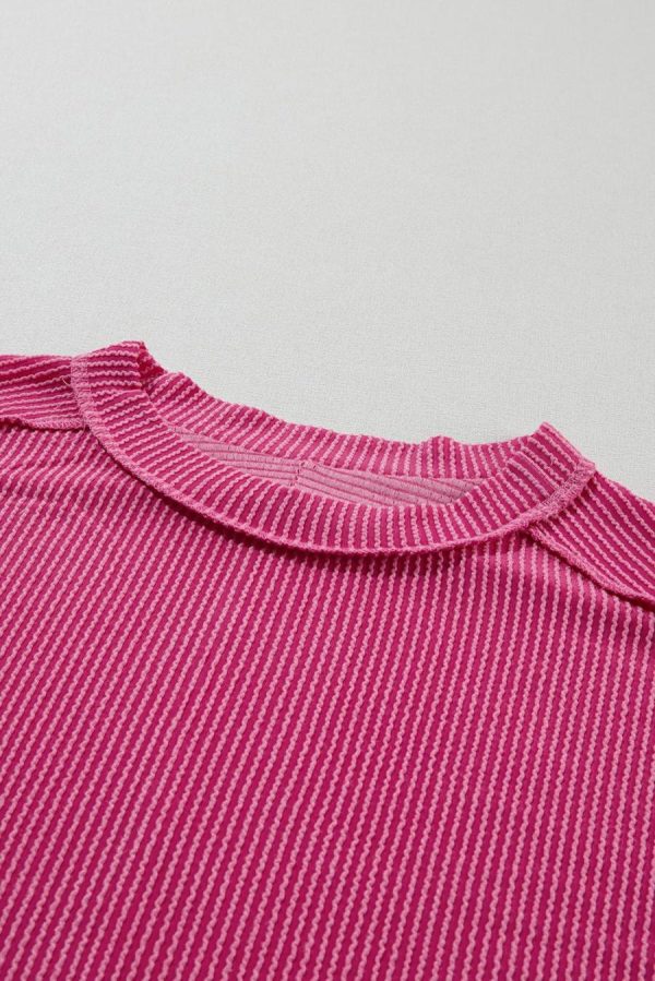 T Shirts | Rose Red Crinkle Rib Textured Knit Round Neck T Shirt - Women - Image 5