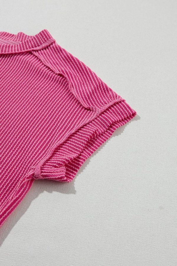 T Shirts | Rose Red Crinkle Rib Textured Knit Round Neck T Shirt - Women - Image 6
