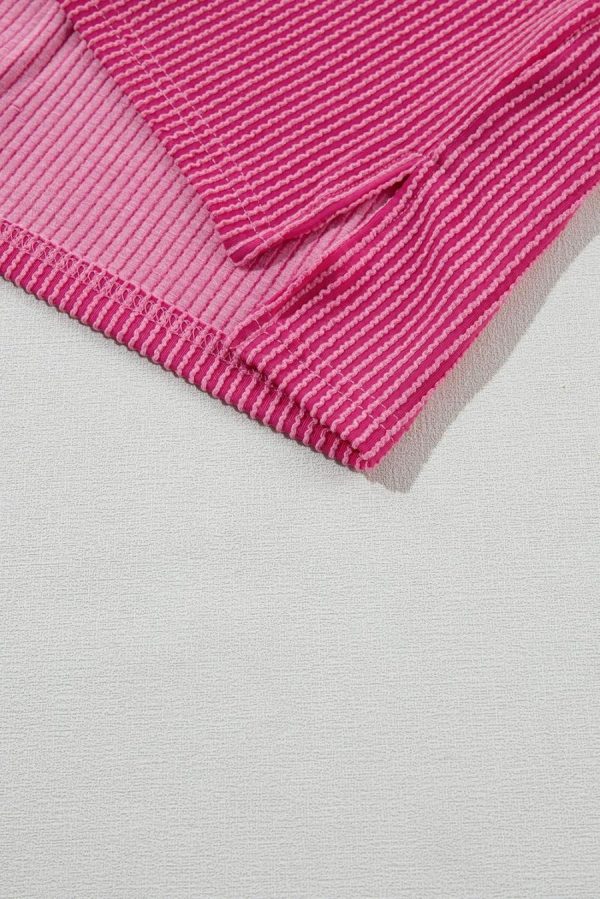 T Shirts | Rose Red Crinkle Rib Textured Knit Round Neck T Shirt - Women - Image 7