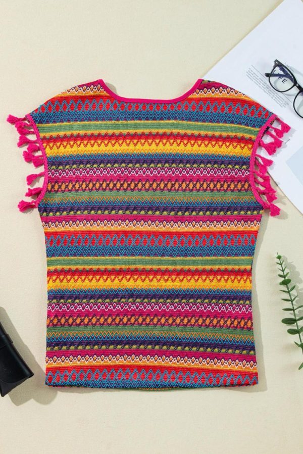 T Shirts | Rose Red Ethnic Textured Tassel Cap Sleeve Top - Women - Image 7