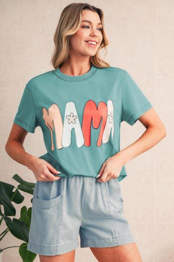 T Shirts | Sea Green Floral Mama Print Crewneck T Shirt - Women