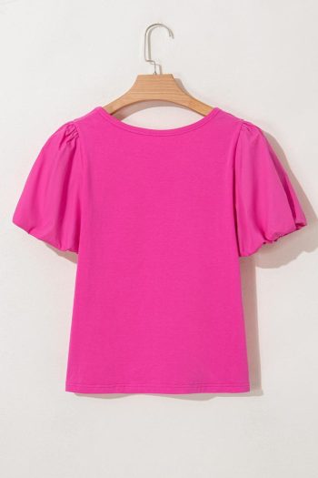 T Shirts | Strawberry Pink Casual Round Neck Bubble Sleeve T-Shirt - Women