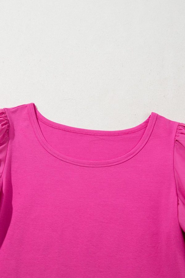 T Shirts | Strawberry Pink Casual Round Neck Bubble Sleeve T-Shirt - Women - Image 2