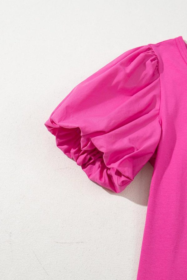 T Shirts | Strawberry Pink Casual Round Neck Bubble Sleeve T-Shirt - Women - Image 3