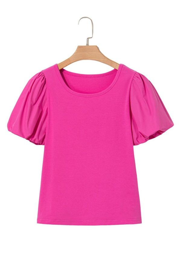 T Shirts | Strawberry Pink Casual Round Neck Bubble Sleeve T-Shirt - Women - Image 6