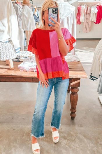 T Shirts | Tomato Red Mix Knitted Patchwork Ruffle Trim Loose T Shirt - Women