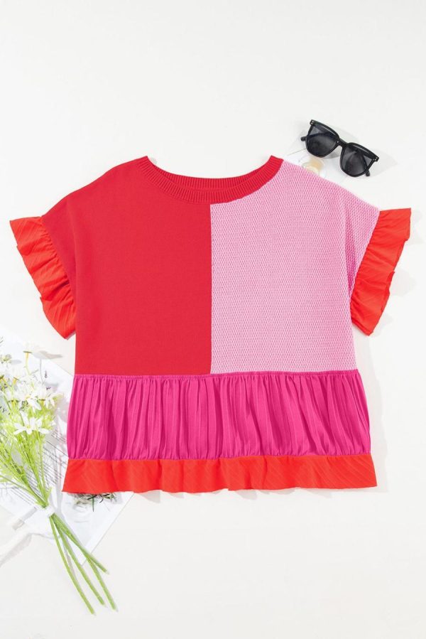 T Shirts | Tomato Red Mix Knitted Patchwork Ruffle Trim Loose T Shirt - Women - Image 2