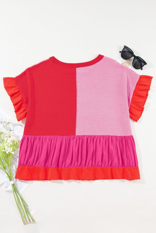 T Shirts | Tomato Red Mix Knitted Patchwork Ruffle Trim Loose T Shirt - Women - Image 3