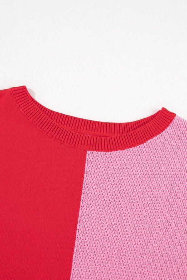 T Shirts | Tomato Red Mix Knitted Patchwork Ruffle Trim Loose T Shirt - Women - Image 4