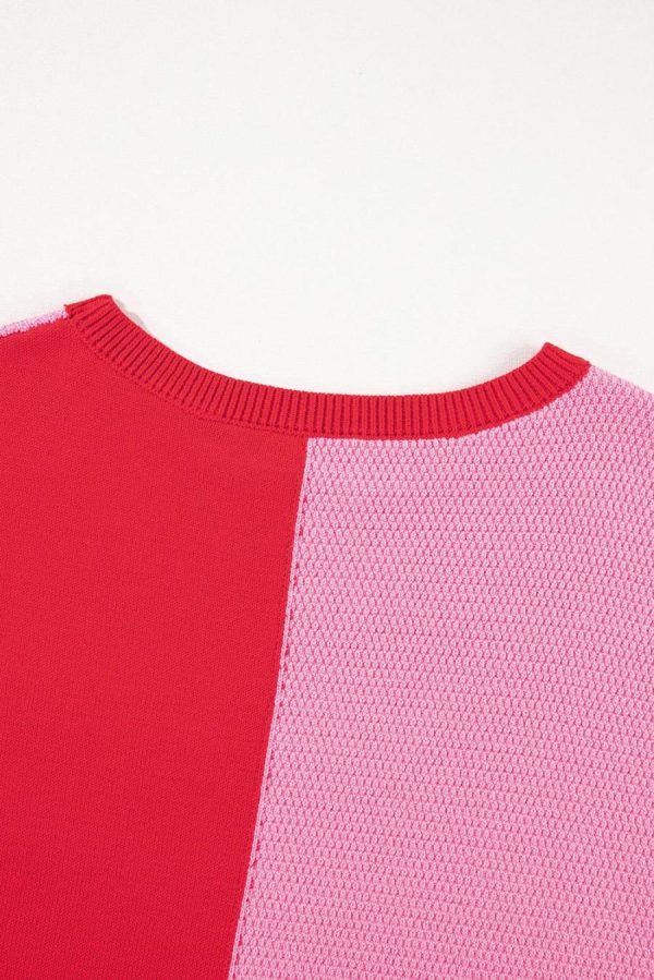 T Shirts | Tomato Red Mix Knitted Patchwork Ruffle Trim Loose T Shirt - Women - Image 5