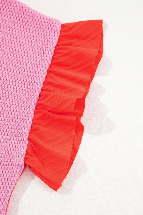 T Shirts | Tomato Red Mix Knitted Patchwork Ruffle Trim Loose T Shirt - Women - Image 6