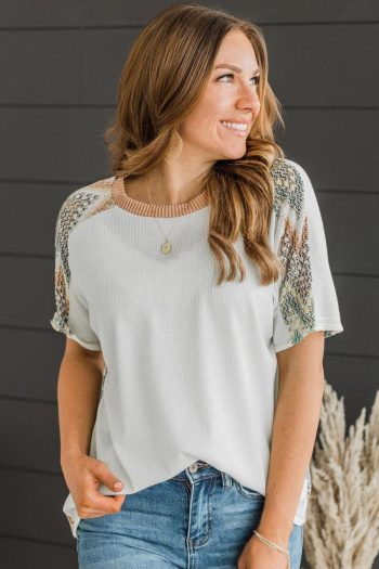 T Shirts | White Chevron Patchwork Raglan Sleeve Corded T Shirt - Women