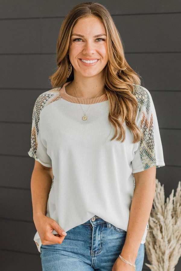 T Shirts | White Chevron Patchwork Raglan Sleeve Corded T Shirt - Women - Image 2