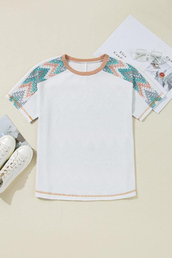 T Shirts | White Chevron Patchwork Raglan Sleeve Corded T Shirt - Women - Image 3
