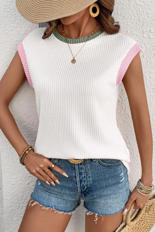 T Shirts | White Colorblock Corded Crew Neck Tee - Women - Image 6