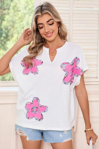 T Shirts | White Cute Floral Patch V-Neck Short Sleeve T-Shirt - Women