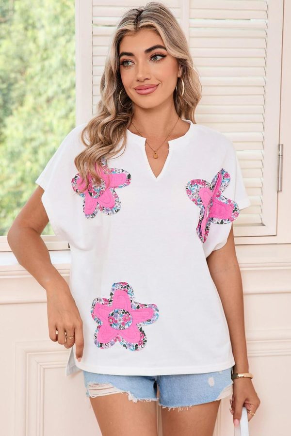 T Shirts | White Cute Floral Patch V-Neck Short Sleeve T-Shirt - Women - Image 3
