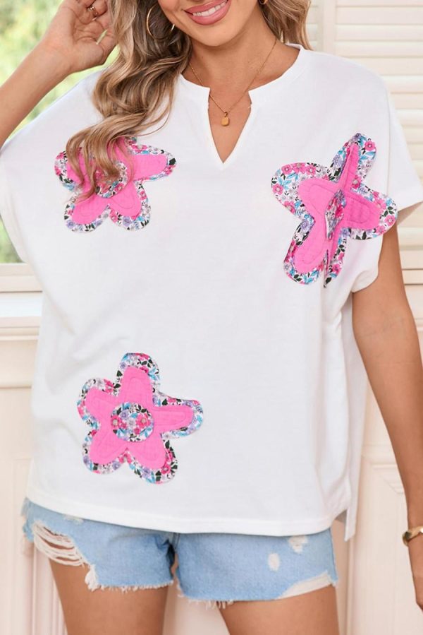 T Shirts | White Cute Floral Patch V-Neck Short Sleeve T-Shirt - Women - Image 4