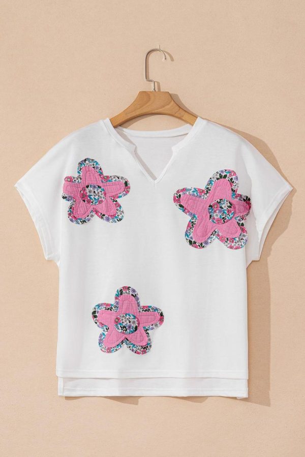 T Shirts | White Cute Floral Patch V-Neck Short Sleeve T-Shirt - Women - Image 5