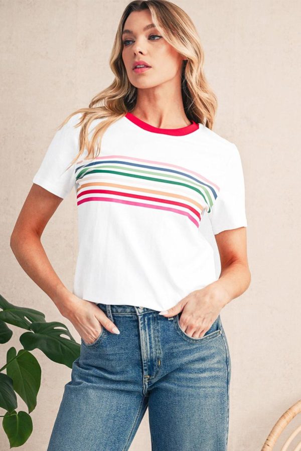 T Shirts | White Rainbow Stripe Print Crewneck T Shirt - Women - Image 2