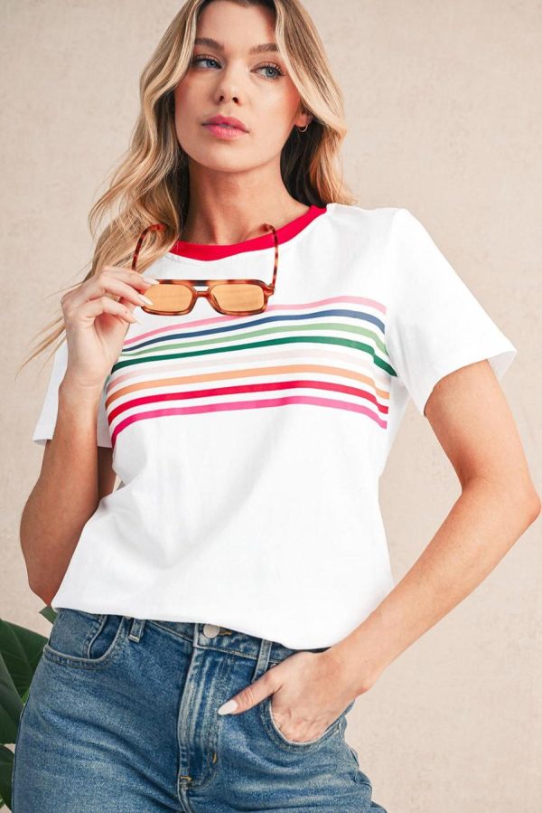 T Shirts | White Rainbow Stripe Print Crewneck T Shirt - Women - Image 3