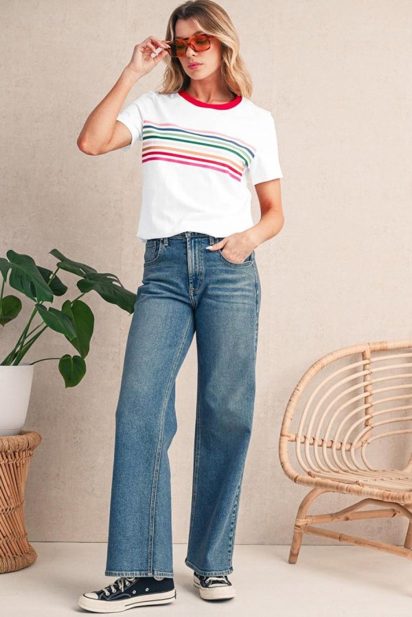 T Shirts | White Rainbow Stripe Print Crewneck T Shirt - Women - Image 5