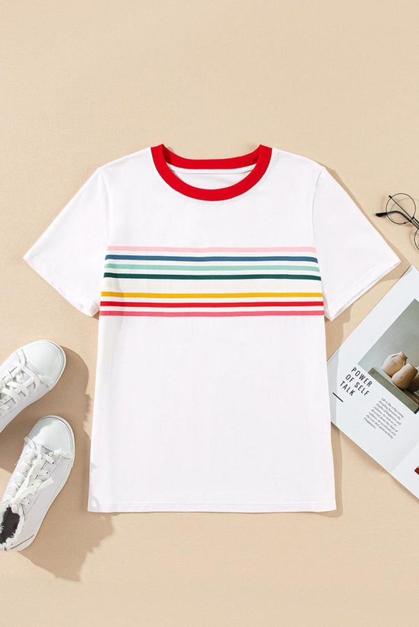 T Shirts | White Rainbow Stripe Print Crewneck T Shirt - Women - Image 6