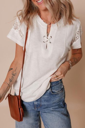 T Shirts | White Ribbed Texture Lace Patchwork Short Sleeve Top - Women