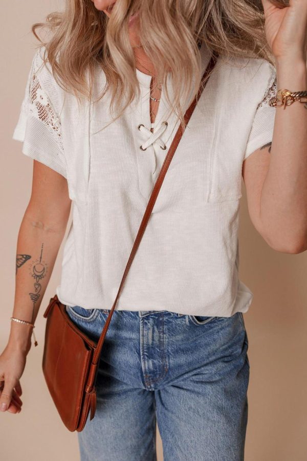 T Shirts | White Ribbed Texture Lace Patchwork Short Sleeve Top - Women - Image 2