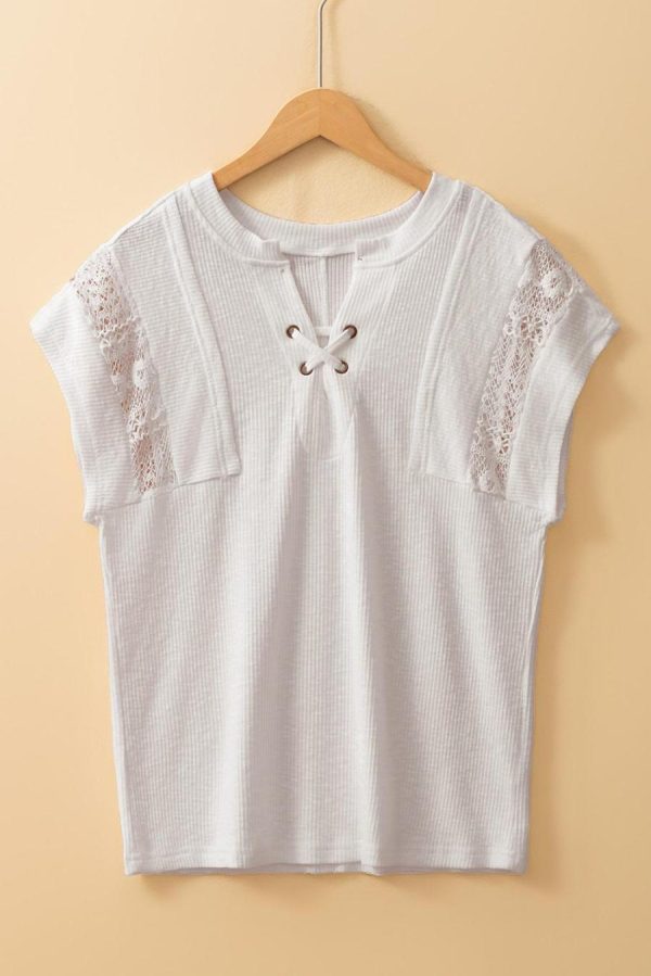 T Shirts | White Ribbed Texture Lace Patchwork Short Sleeve Top - Women - Image 3