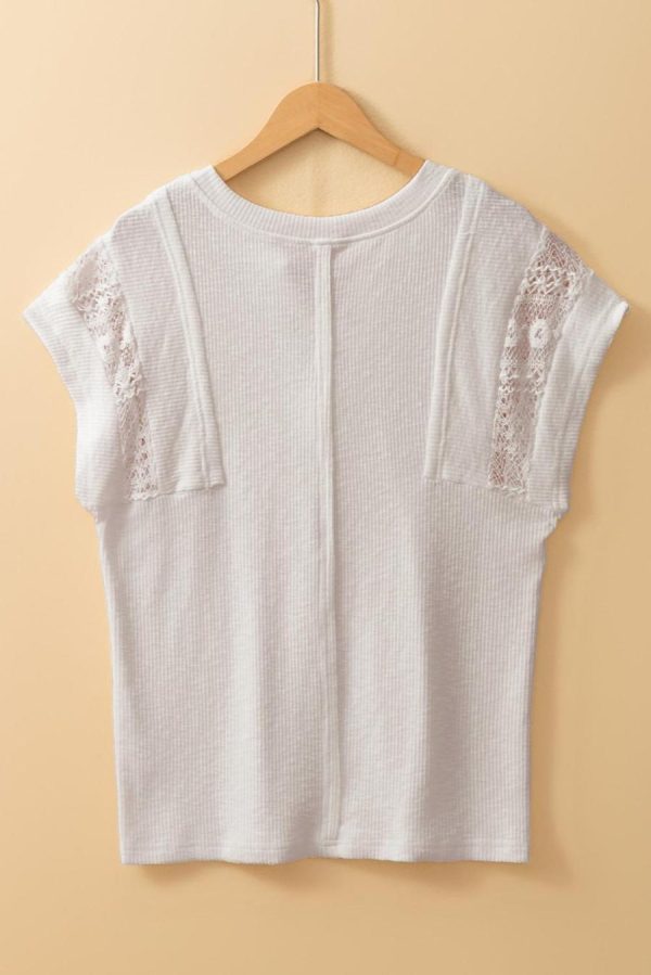 T Shirts | White Ribbed Texture Lace Patchwork Short Sleeve Top - Women - Image 4