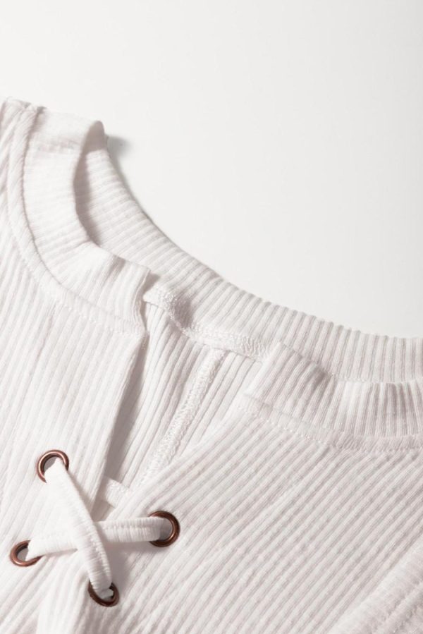 T Shirts | White Ribbed Texture Lace Patchwork Short Sleeve Top - Women - Image 5