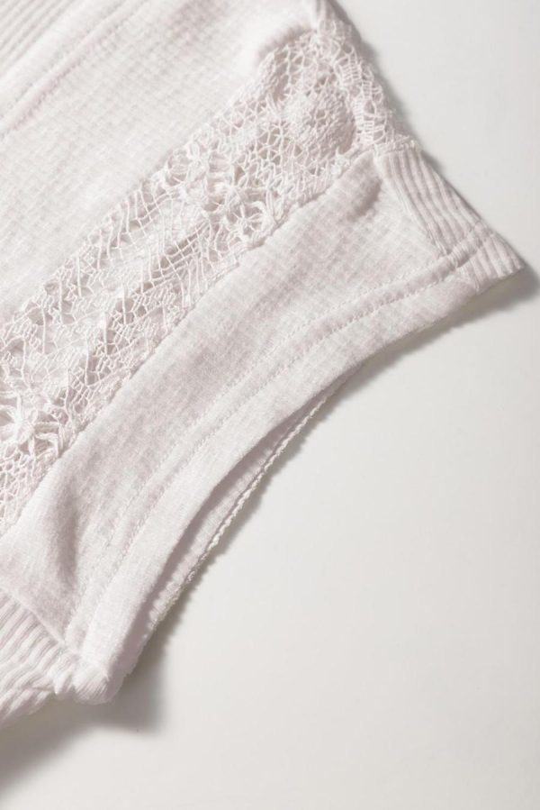 T Shirts | White Ribbed Texture Lace Patchwork Short Sleeve Top - Women - Image 7