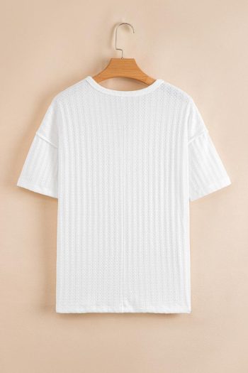 T Shirts | White Textured Split Neck Short Sleeve Top - Women