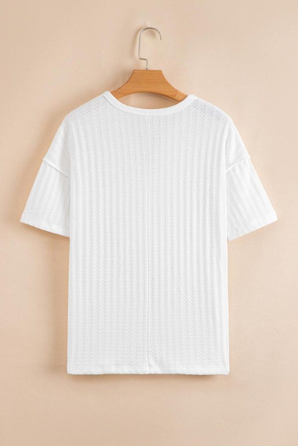 T Shirts | White Textured Split Neck Short Sleeve Top - Women