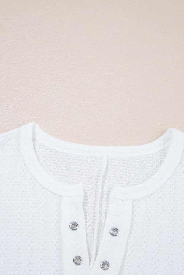T Shirts | White Textured Split Neck Short Sleeve Top - Women - Image 2