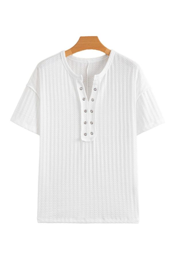 T Shirts | White Textured Split Neck Short Sleeve Top - Women - Image 6