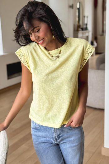 T Shirts | Yellow Cream Lace Patchwork Cap Sleeve Round Neck Top - Women