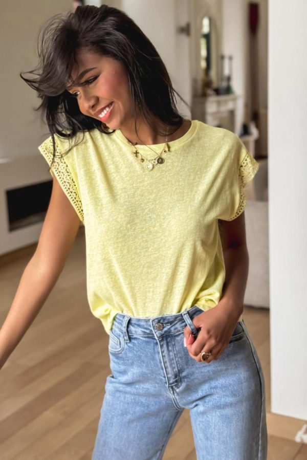 T Shirts | Yellow Cream Lace Patchwork Cap Sleeve Round Neck Top - Women - Image 2