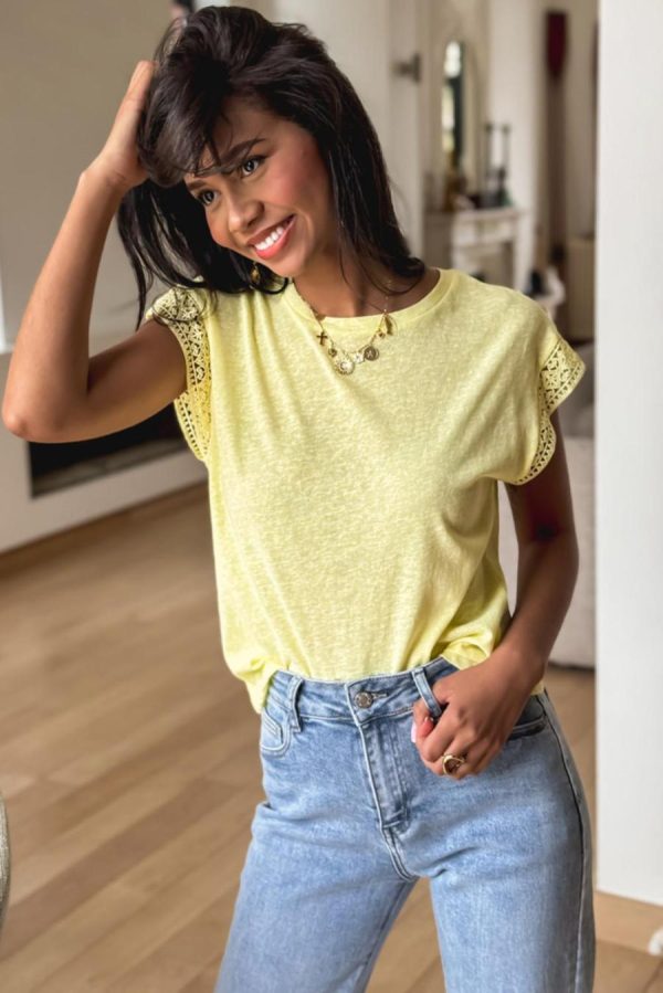 T Shirts | Yellow Cream Lace Patchwork Cap Sleeve Round Neck Top - Women - Image 3